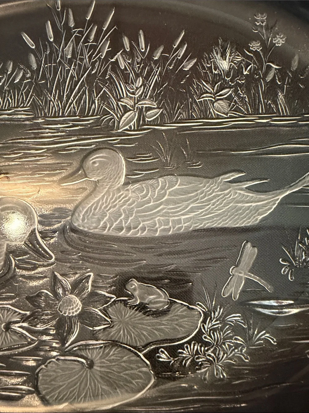 Vintage frosted Glass Duck-Scene Serving Platter embossed pond scene.